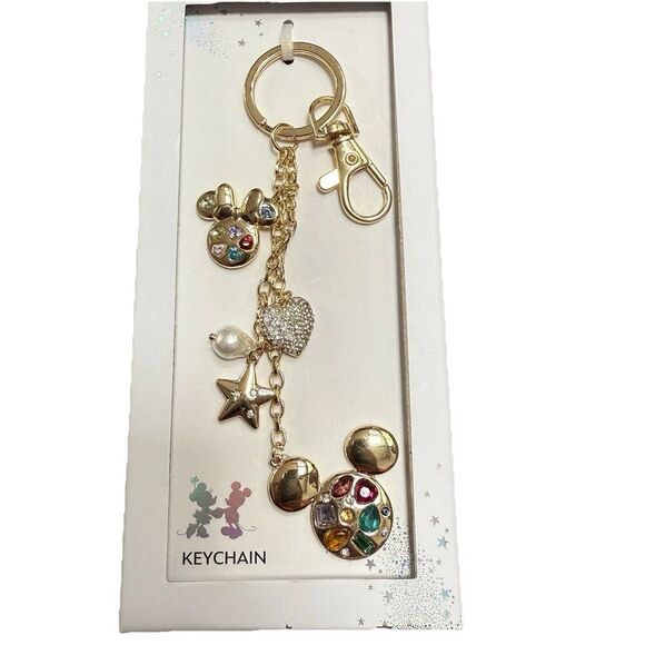 DISNEY Mickey & Minnie Mouse Bag Charm Keychain Gold Tone Colored Gems Star New - Picture 1 of 5
